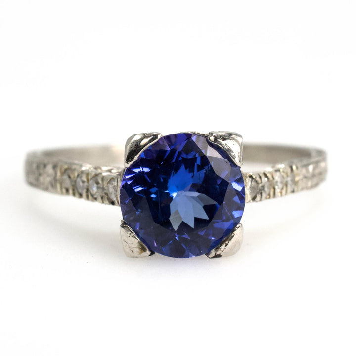 Platinum Art Deco Tanzanite Solitaire Ring with Accent Diamonds