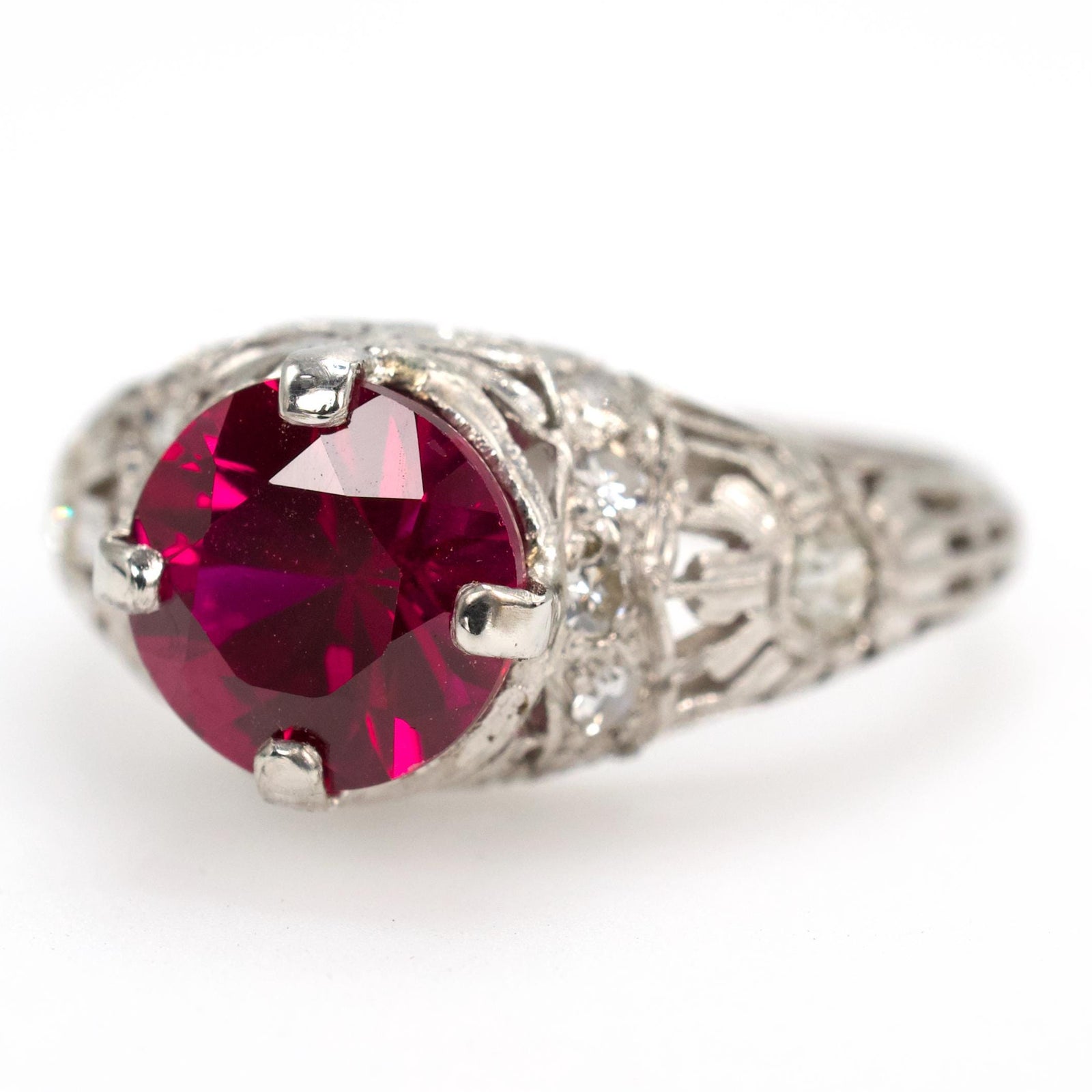 Edwardian Platinum and Diamond Engagement Ring with 1.70 Carat Lab Ruby