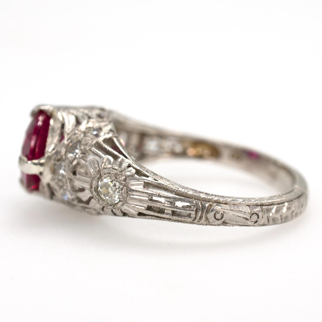 Edwardian Platinum and Diamond Engagement Ring with 1.70 Carat Lab Ruby