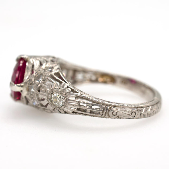 Edwardian Platinum and Diamond Engagement Ring with 1.70 Carat Lab Ruby