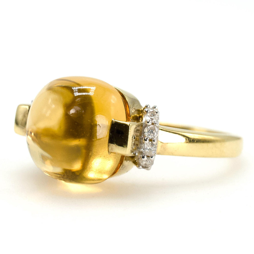 Large Round Cabochon Citrine Ring with Diamond Accents in 18K Gold