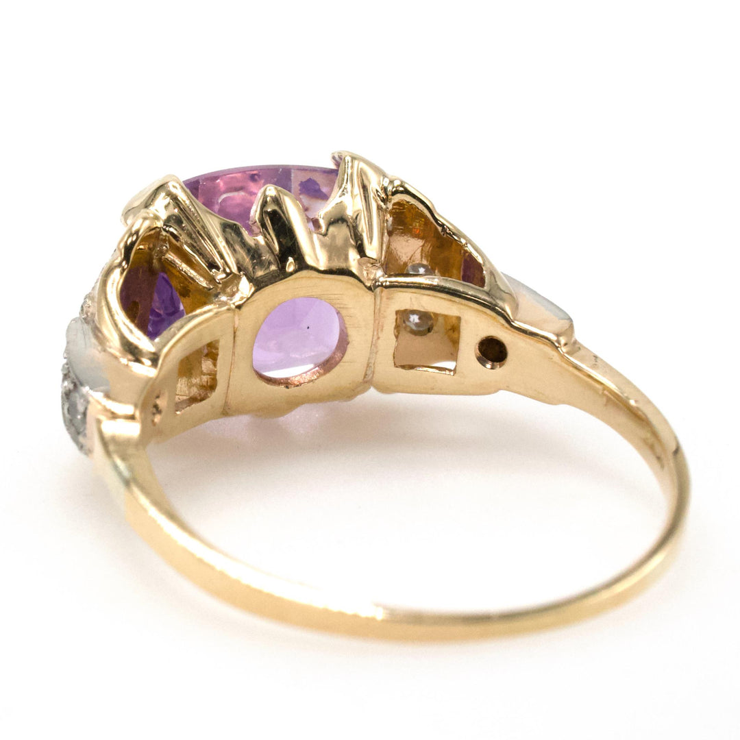 East-West Elongated Cushion Cut Amethyst in Bicolor Gold Midcentury Ring