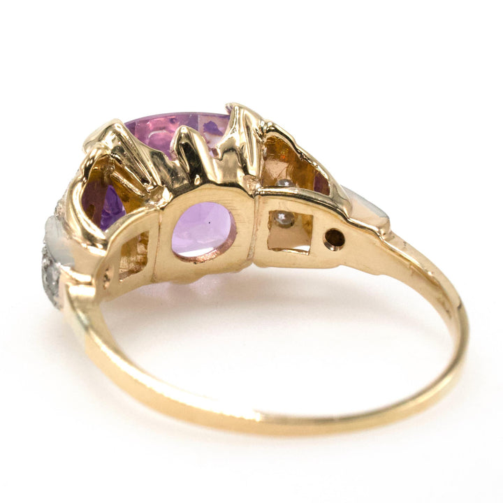 East-West Elongated Cushion Cut Amethyst in Bicolor Gold Midcentury Ring