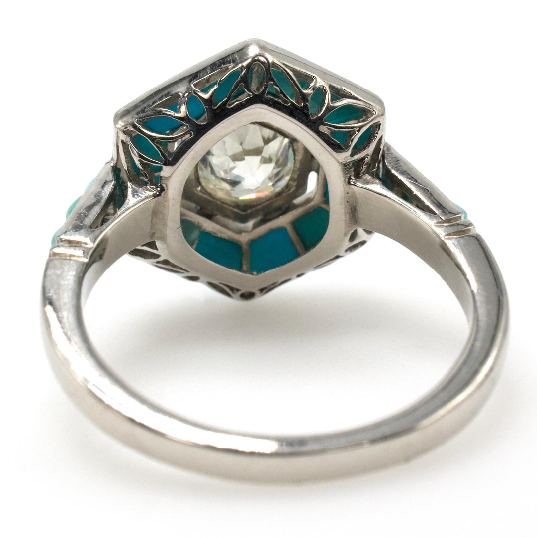 Art Deco Style 0.87 Carat Old European Cut Diamond Ring with Turquoise Halo in Platinum