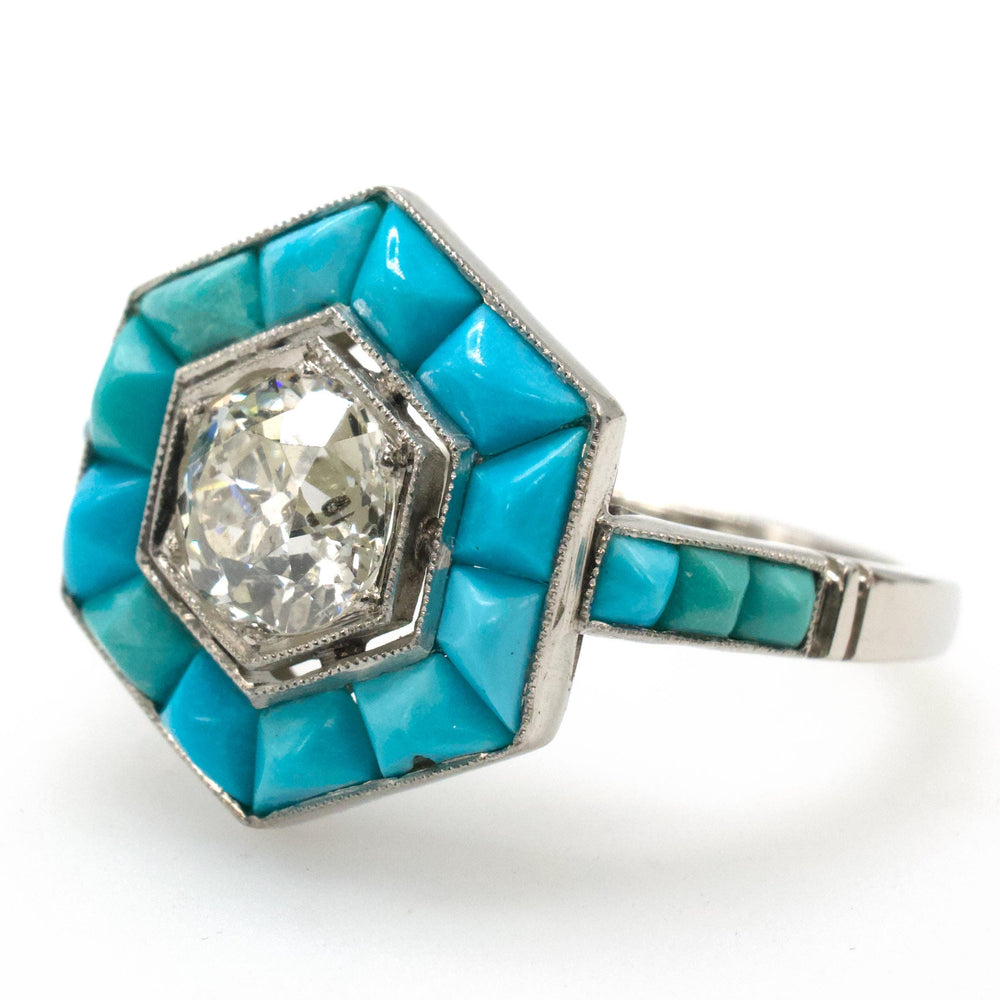 Art Deco Style 0.87 Carat Old European Cut Diamond Ring with Turquoise Halo in Platinum