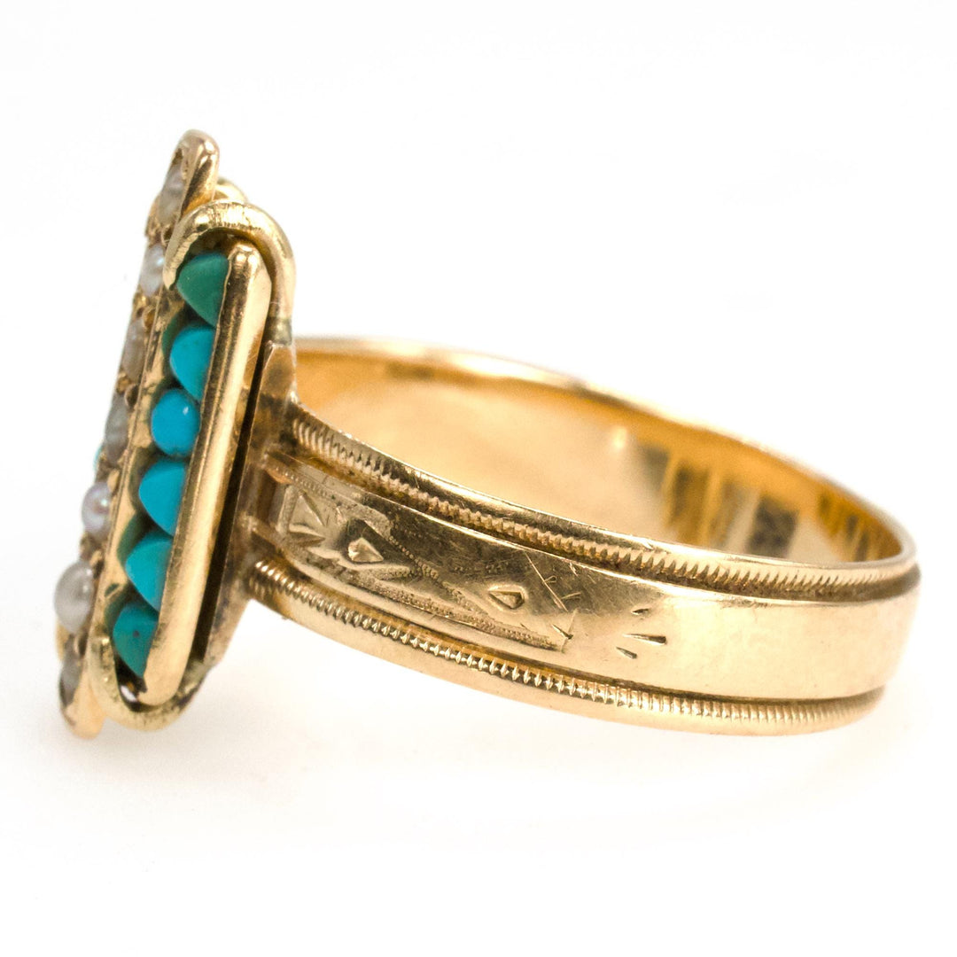 Victorian Seed Pearl and Turquoise 14K Gold Long Bar Ring