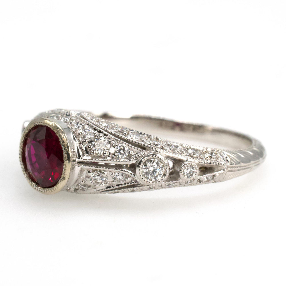 Art Deco Style 14K White Gold Diamond Accented Bezel Set Solitaire with Natural Ruby