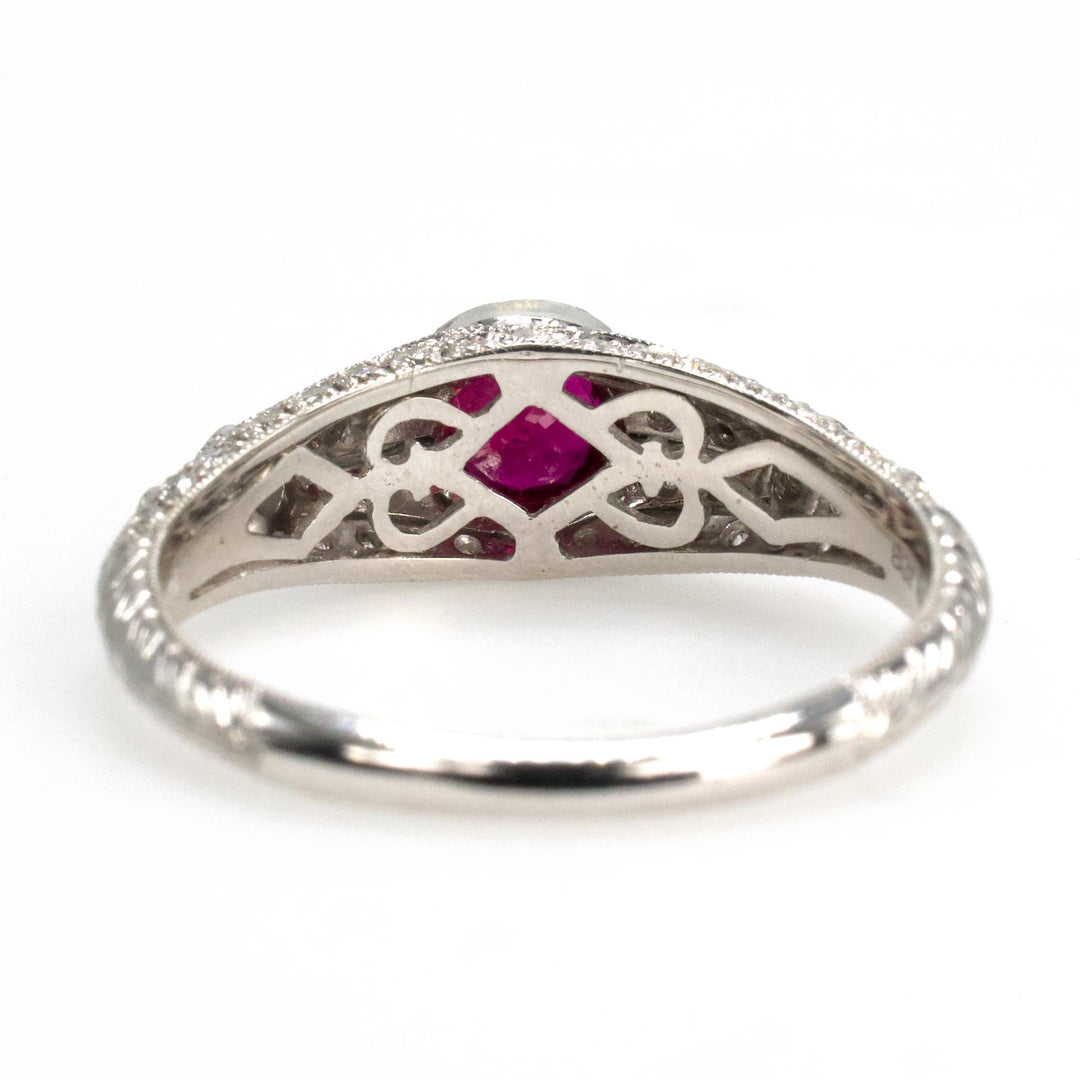 Art Deco Style 14K White Gold Diamond Accented Bezel Set Solitaire with Natural Ruby