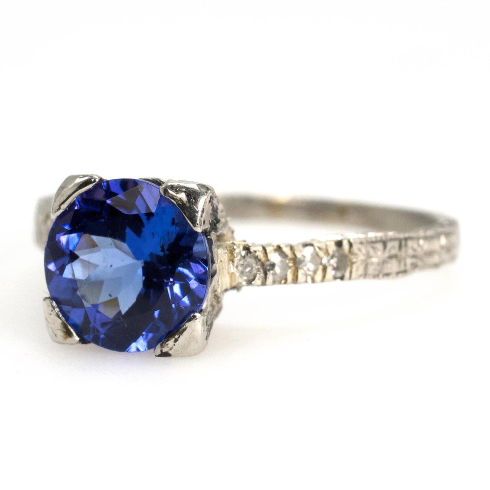 Platinum Art Deco Tanzanite Solitaire Ring with Accent Diamonds