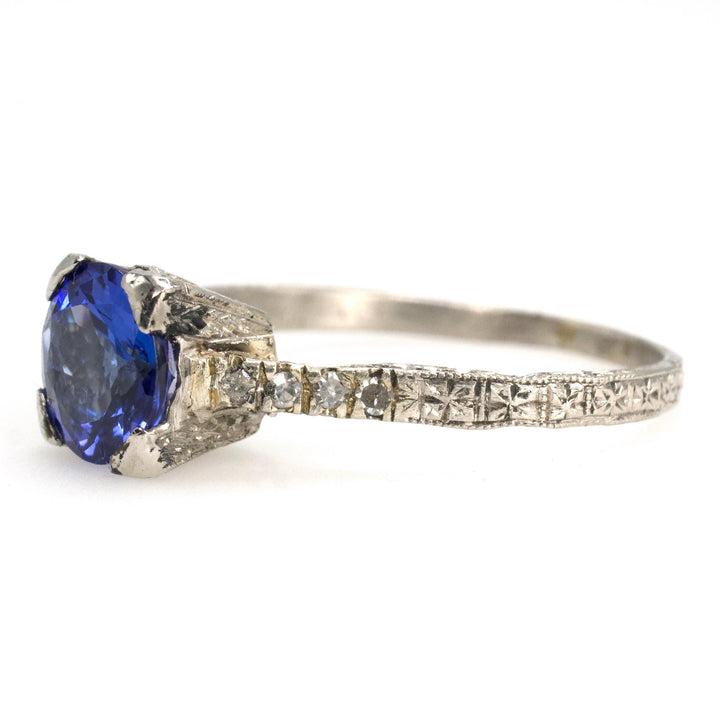 Platinum Art Deco Tanzanite Solitaire Ring with Accent Diamonds