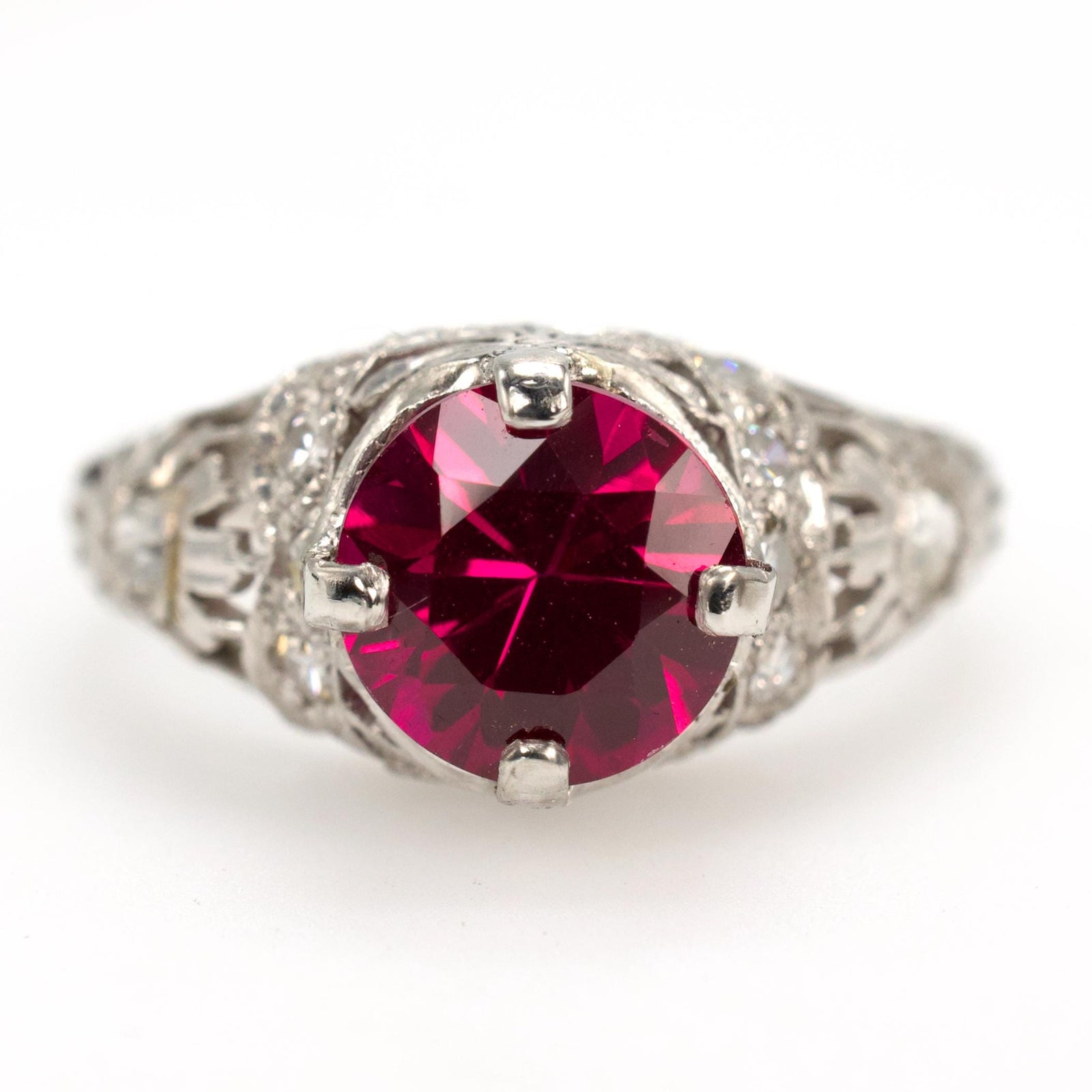 Edwardian Platinum and Diamond Engagement Ring with 1.70 Carat Lab Ruby