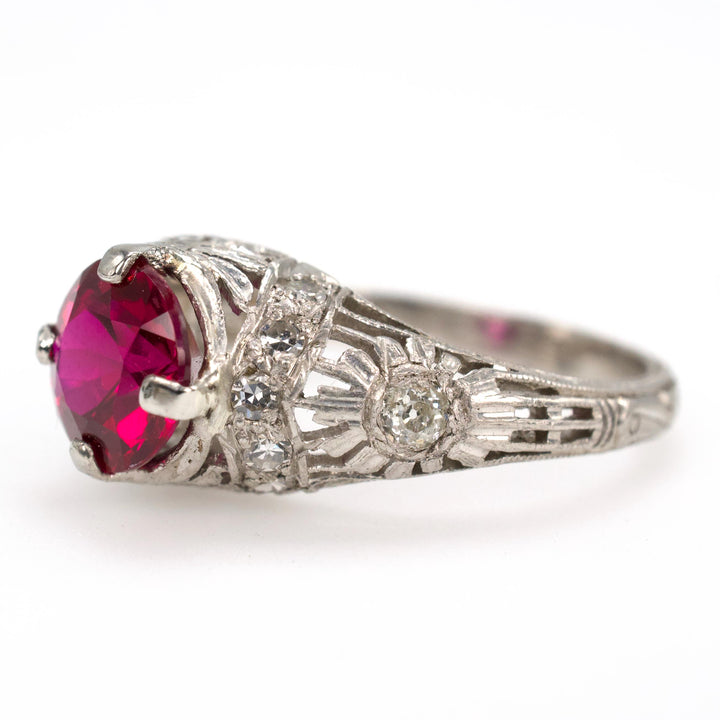 Edwardian Platinum and Diamond Engagement Ring with 1.70 Carat Lab Ruby