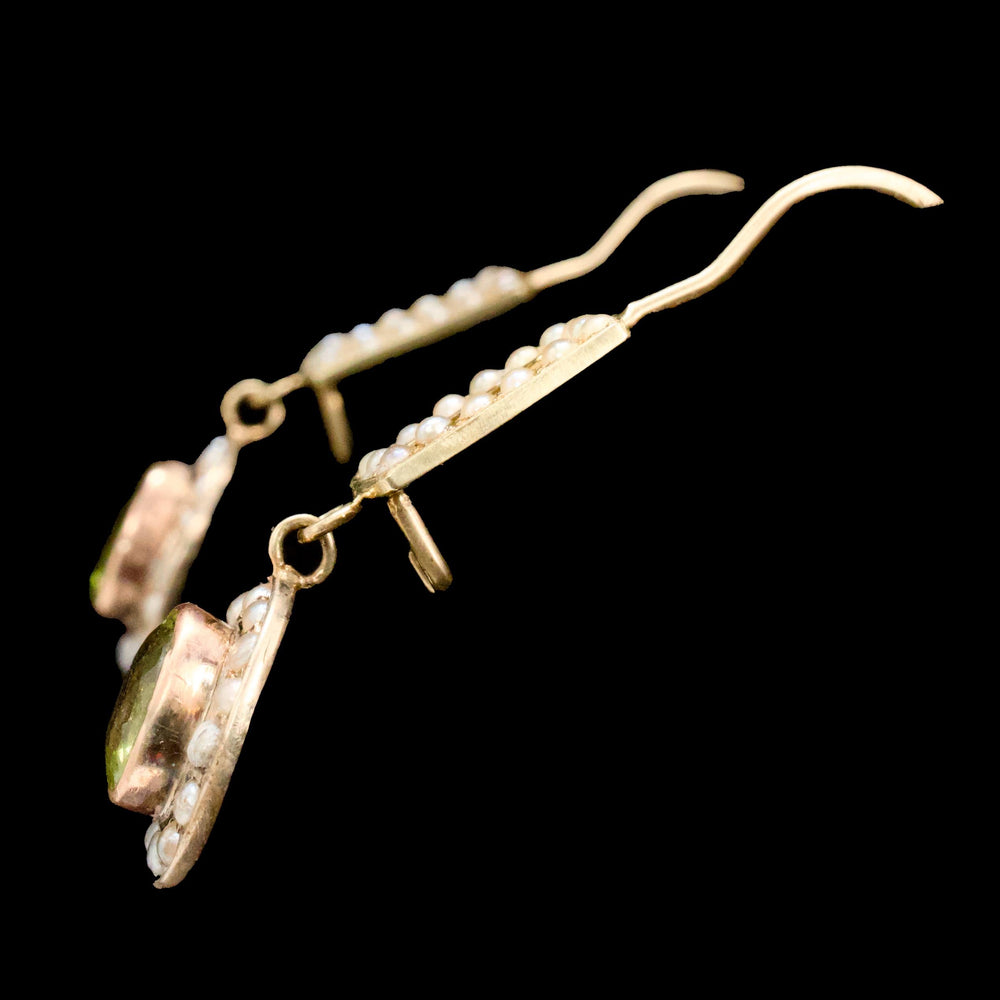 Late Victorian 19K Yellow Gold, Peridot, and Seed Pearl Drop Earrings