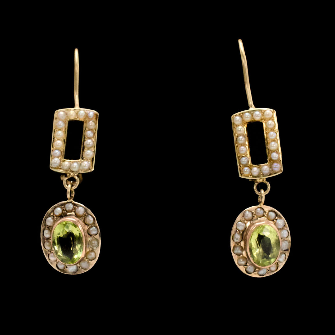 Late Victorian 19K Yellow Gold, Peridot, and Seed Pearl Drop Earrings