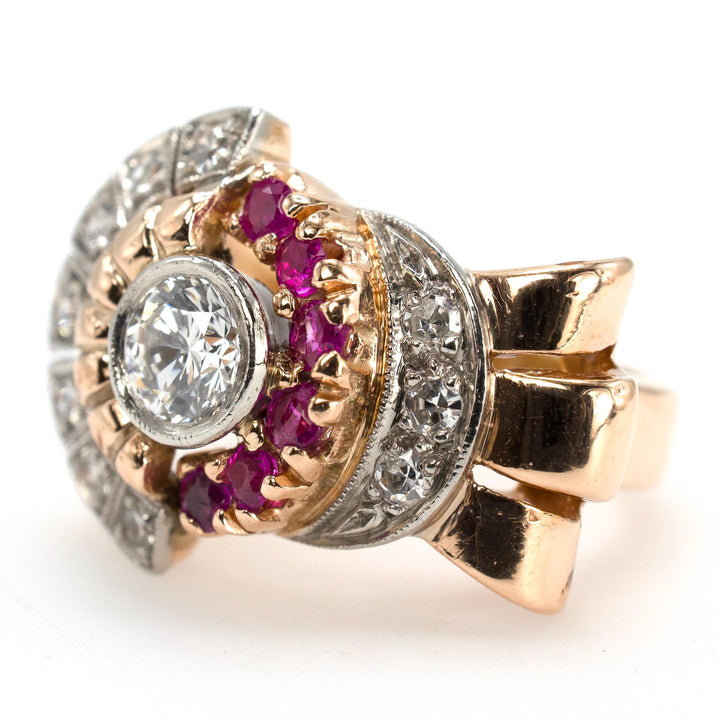 Retro Diamond and Ruby Rosy Gold and Platinum Ring