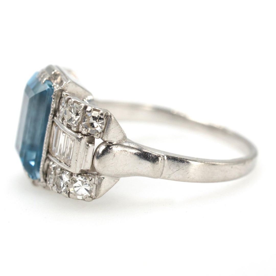 Art Deco Platinum Aquamarine Ring with Baguette and Single Cut Diamonds