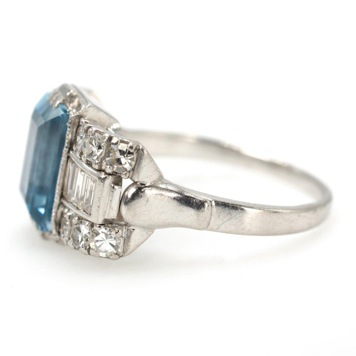 Art Deco Platinum Aquamarine Ring with Baguette and Single Cut Diamonds