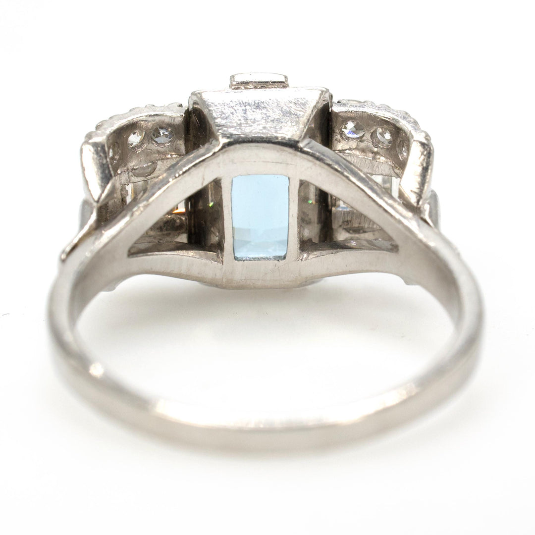 Art Deco Platinum Aquamarine Ring with Baguette and Single Cut Diamonds