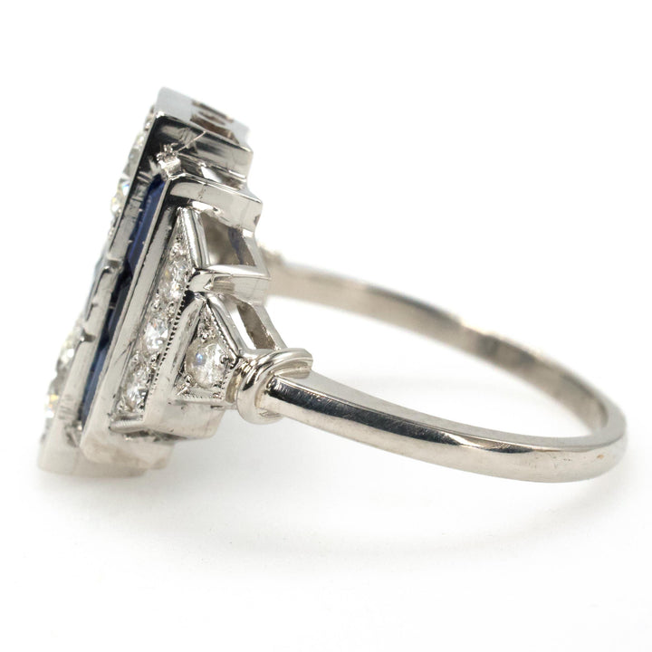 Rectilinear Art Deco Diamond and Sapphire Wide Platinum Ring