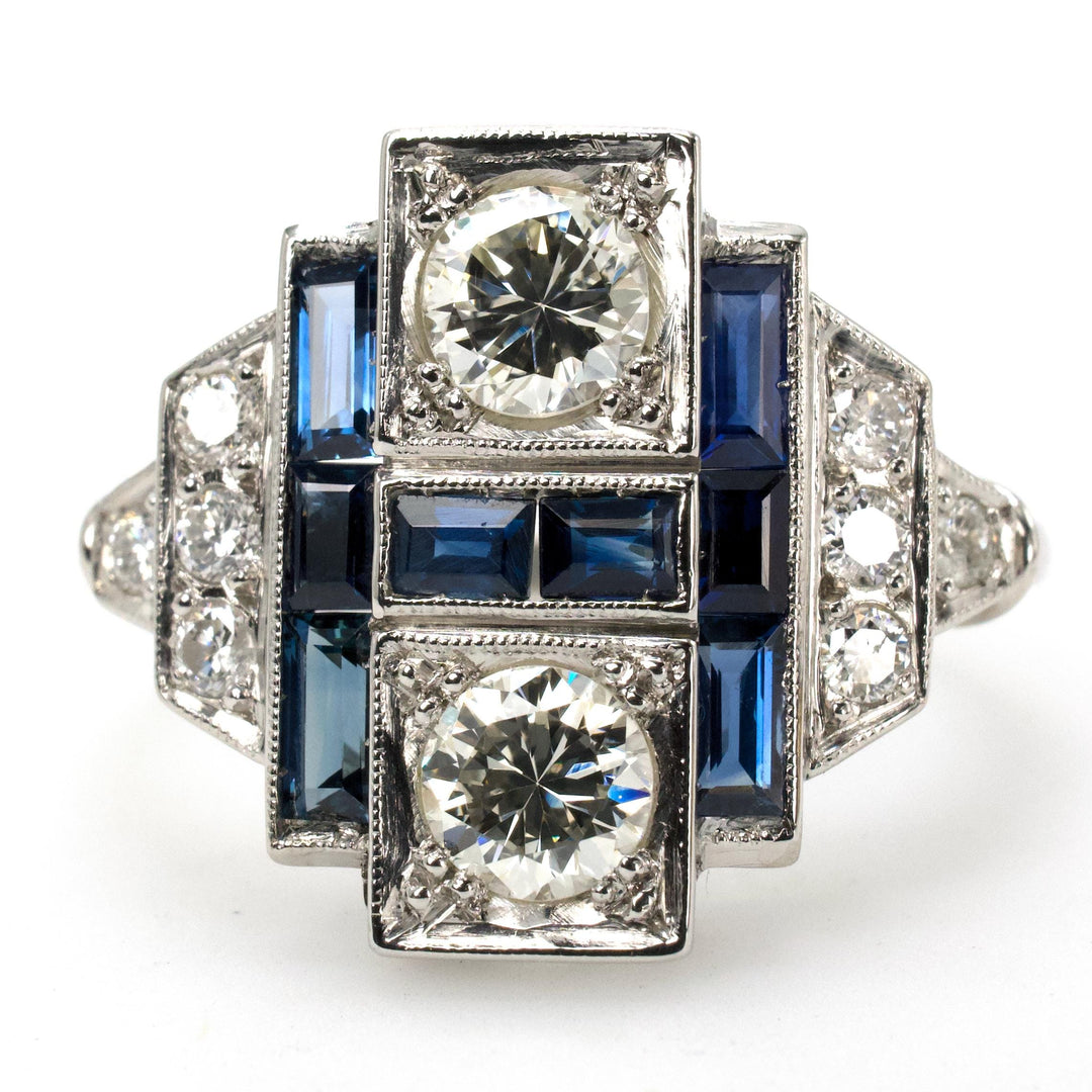 Rectilinear Art Deco Diamond and Sapphire Wide Platinum Ring