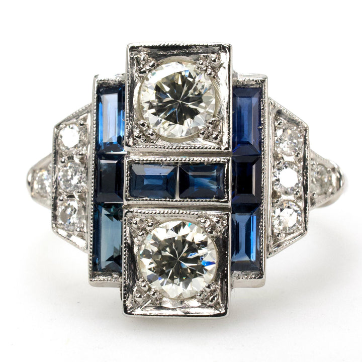 Rectilinear Art Deco Diamond and Sapphire Wide Platinum Ring