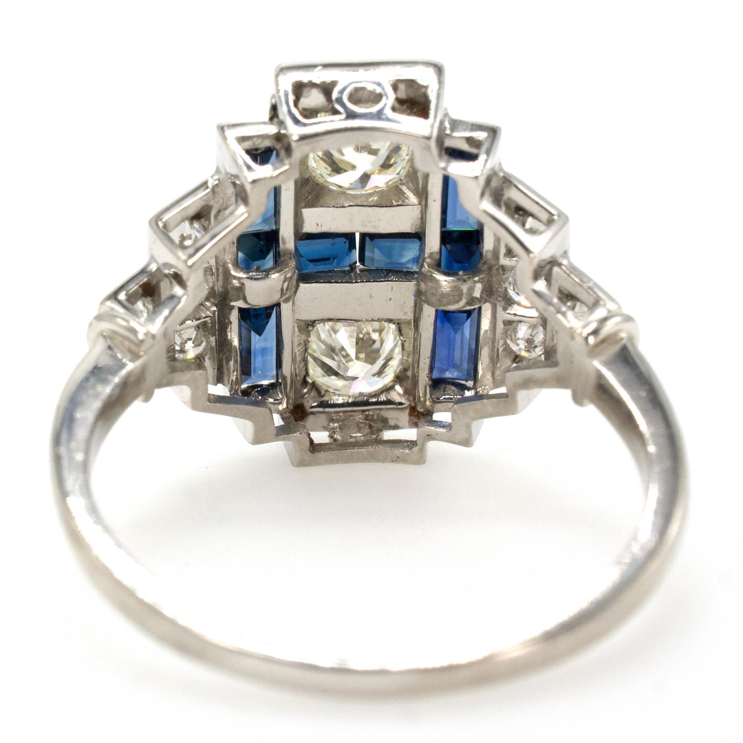Rectilinear Art Deco Diamond and Sapphire Wide Platinum Ring