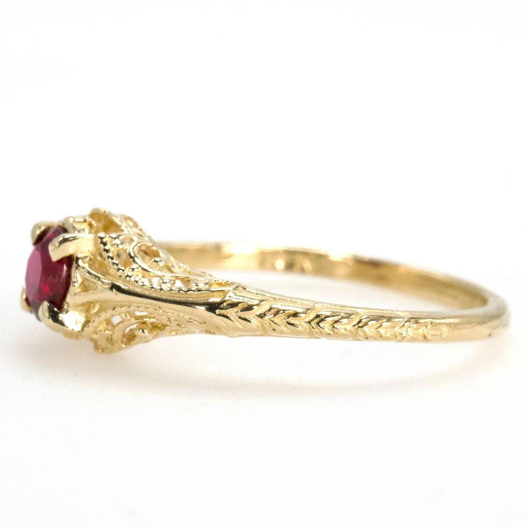 Petite Edwardian Style Filigree Engagement Ring in 14K Gold with Burmese Ruby
