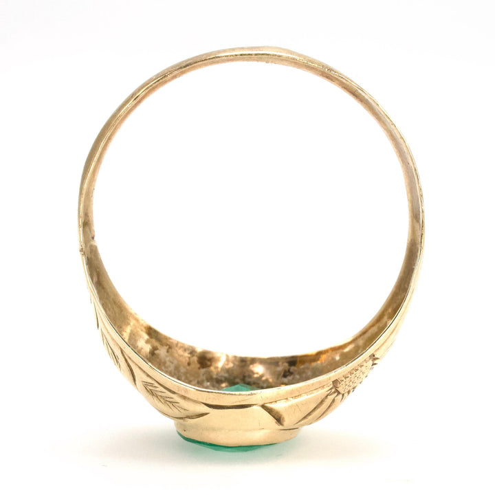 Vintage Signet Style 14K Yellow Gold Ring with Oval Emerald and Thistle Engraving