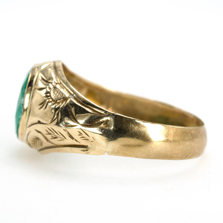 Vintage Signet Style 14K Yellow Gold Ring with Oval Emerald and Thistle Engraving