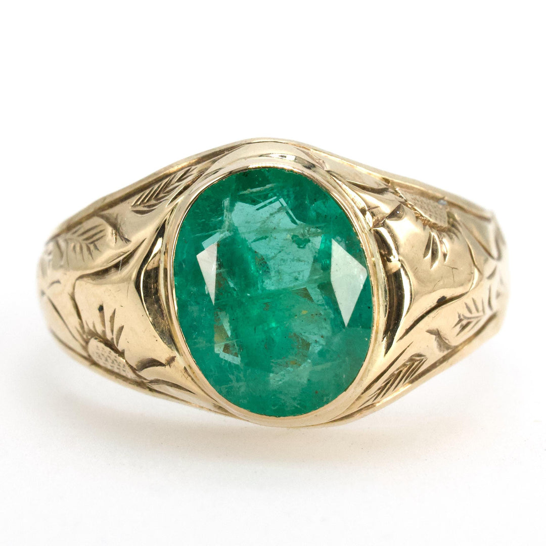 Vintage Signet Style 14K Yellow Gold Ring with Oval Emerald and Thistle Engraving