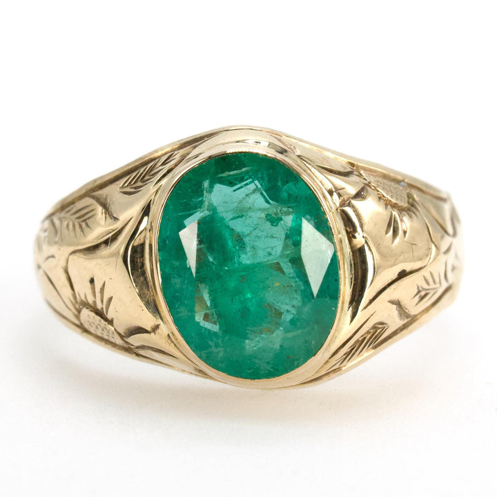 Vintage Signet Style 14K Yellow Gold Ring with Oval Emerald and Thistle Engraving