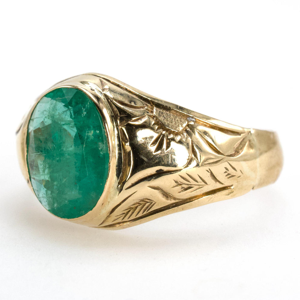 Vintage Signet Style 14K Yellow Gold Ring with Oval Emerald and Thistle Engraving