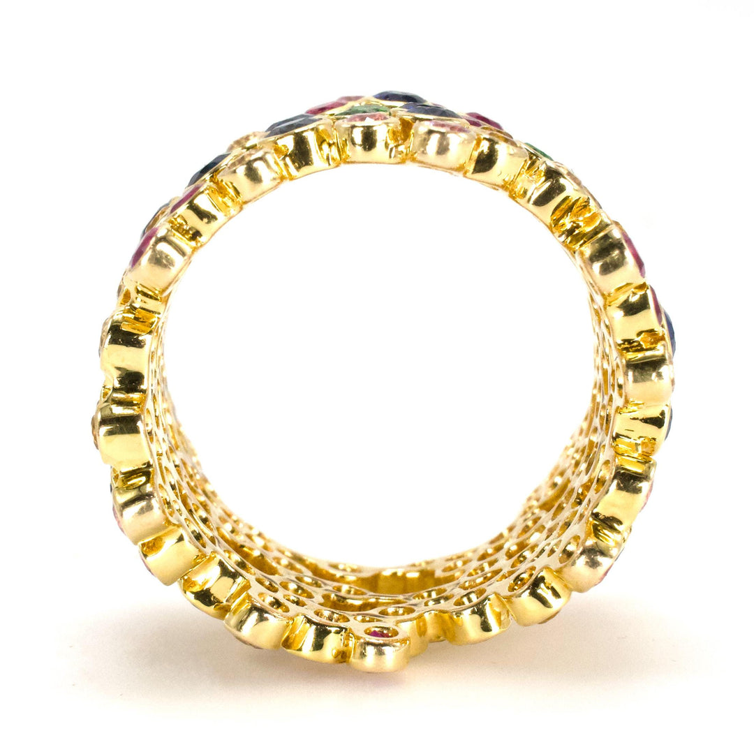 Wide 14K Yellow Gold Confetti Style Ring with Multicolored Sapphires