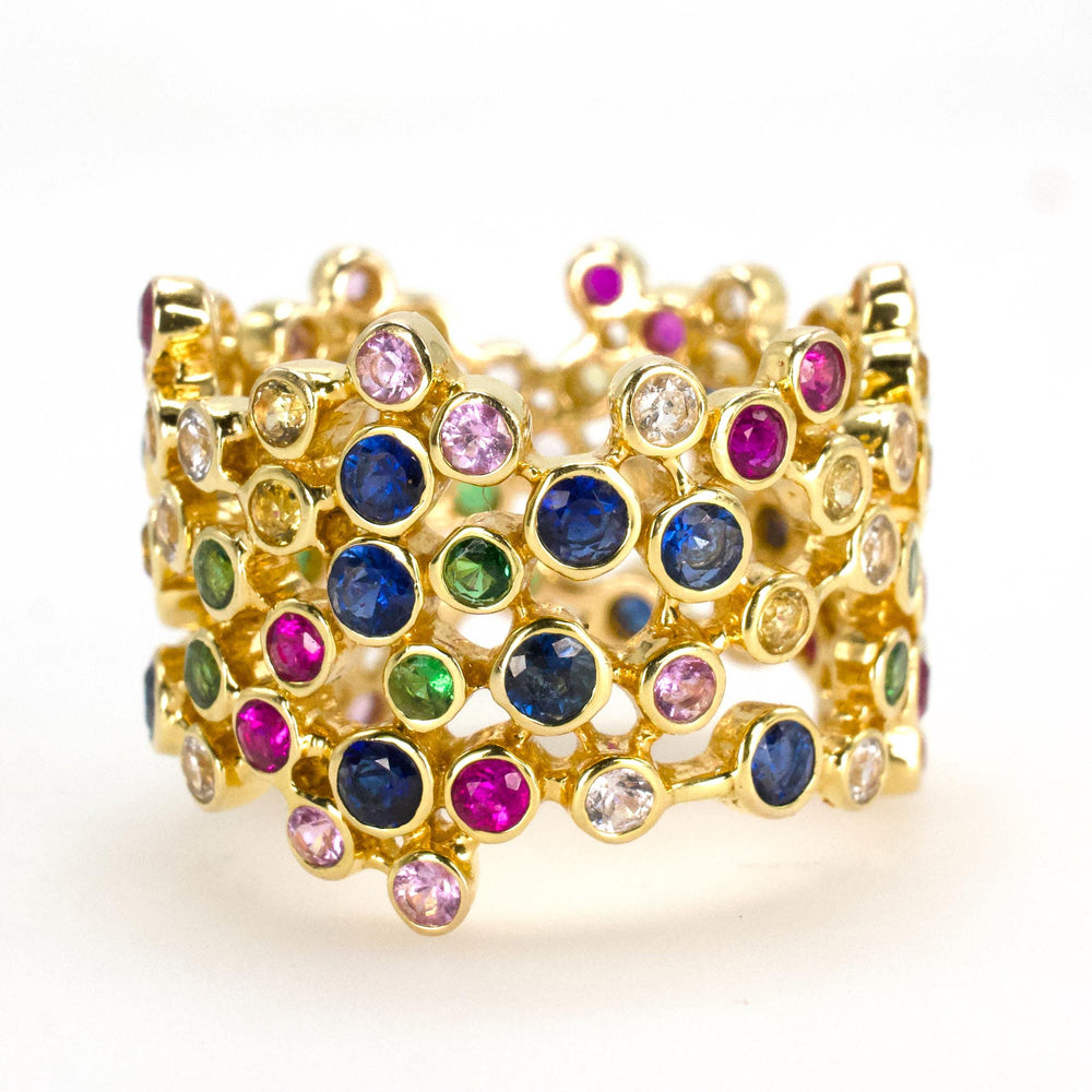 Wide 14K Yellow Gold Confetti Style Ring with Multicolored Sapphires