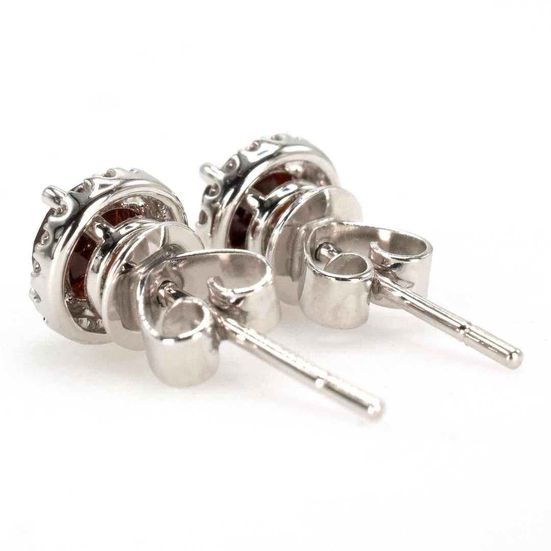 Round Crimson Garnet and Diamond Halo Stud Earrings