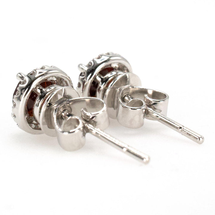 Round Crimson Garnet and Diamond Halo Stud Earrings