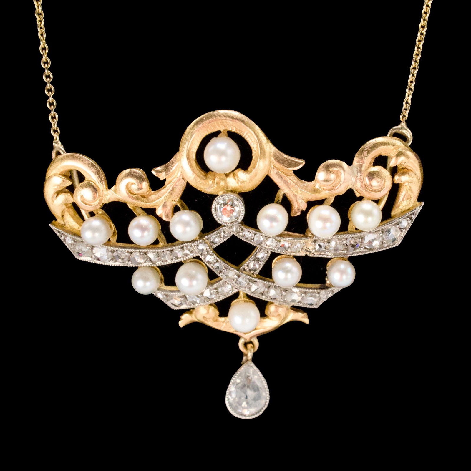 Art Nouveau Rose and Old Mine Cut Diamond and Pearl Necklace