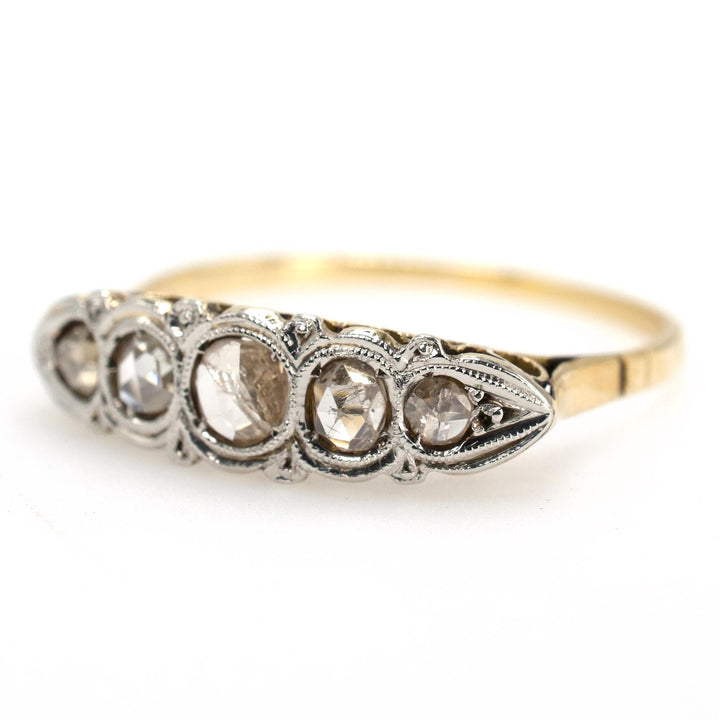 Antique Five Stone Rose Cut Diamond Ring in Gold and Silver