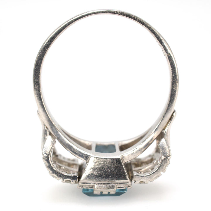 Art Deco Platinum Aquamarine Ring with Baguette and Single Cut Diamonds