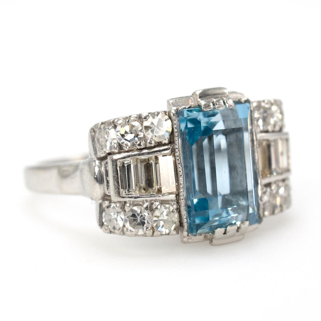 Art Deco Platinum Aquamarine Ring with Baguette and Single Cut Diamonds