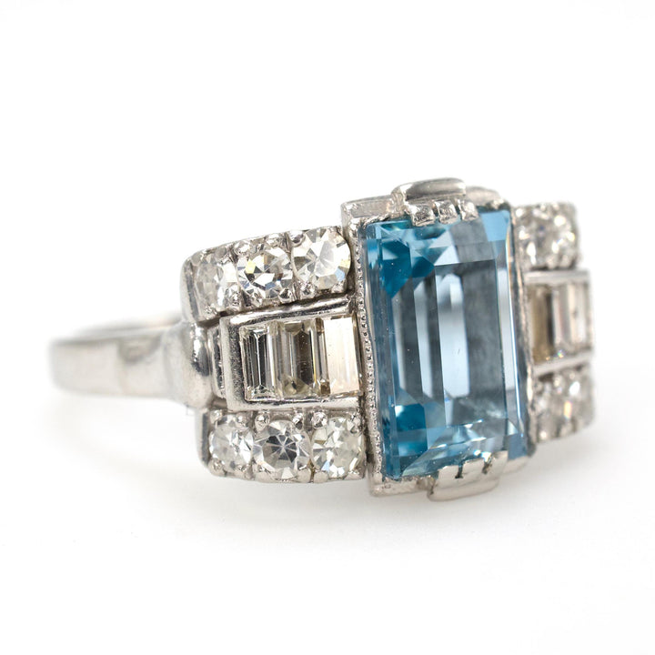 Art Deco Platinum Aquamarine Ring with Baguette and Single Cut Diamonds