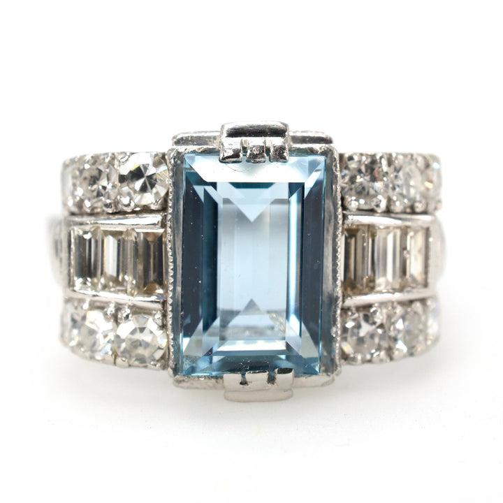 Art Deco Platinum Aquamarine Ring with Baguette and Single Cut Diamonds