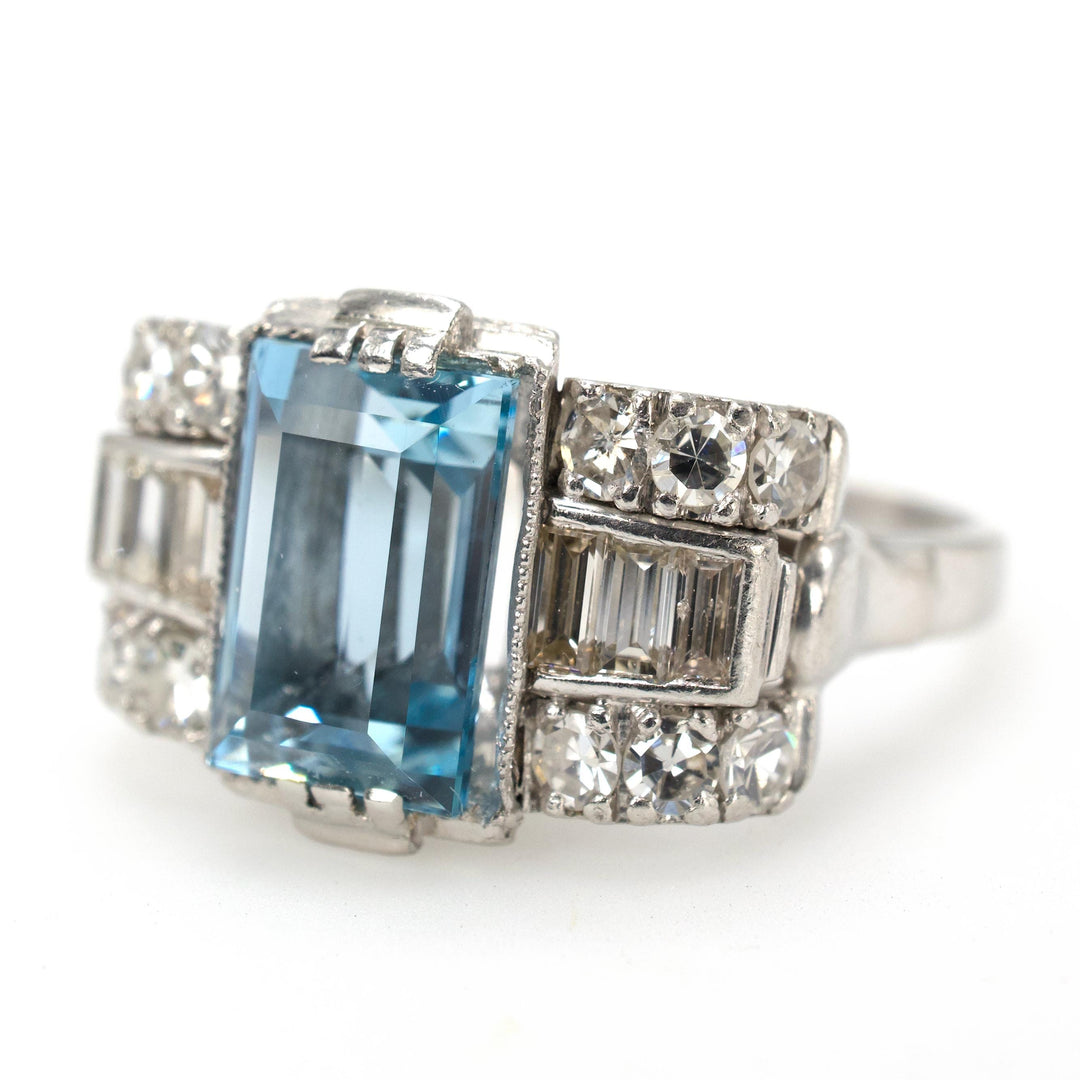 Art Deco Platinum Aquamarine Ring with Baguette and Single Cut Diamonds