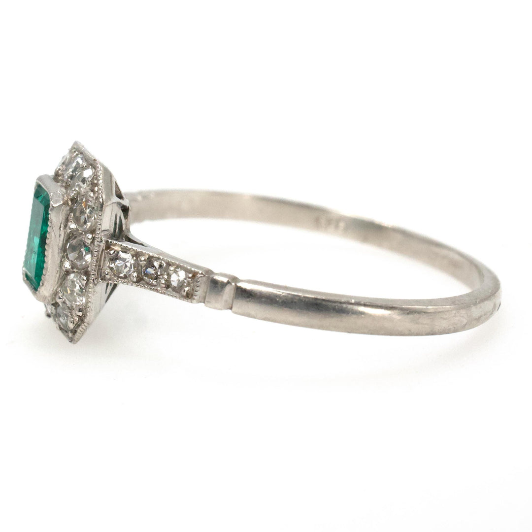 Petite Edwardian Style Emerald and Diamond Halo Ring in Platinum