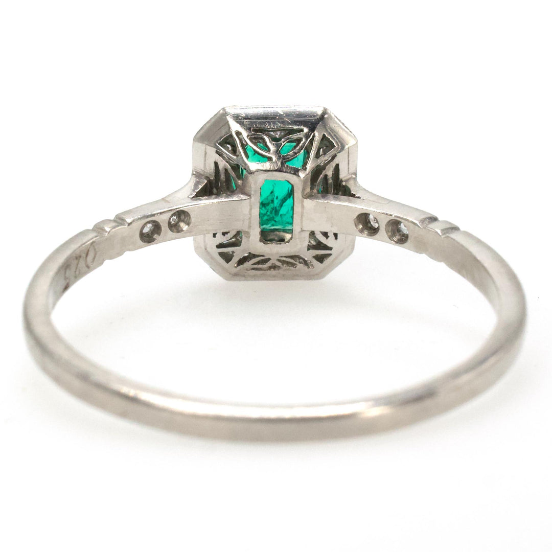 Petite Edwardian Style Emerald and Diamond Halo Ring in Platinum