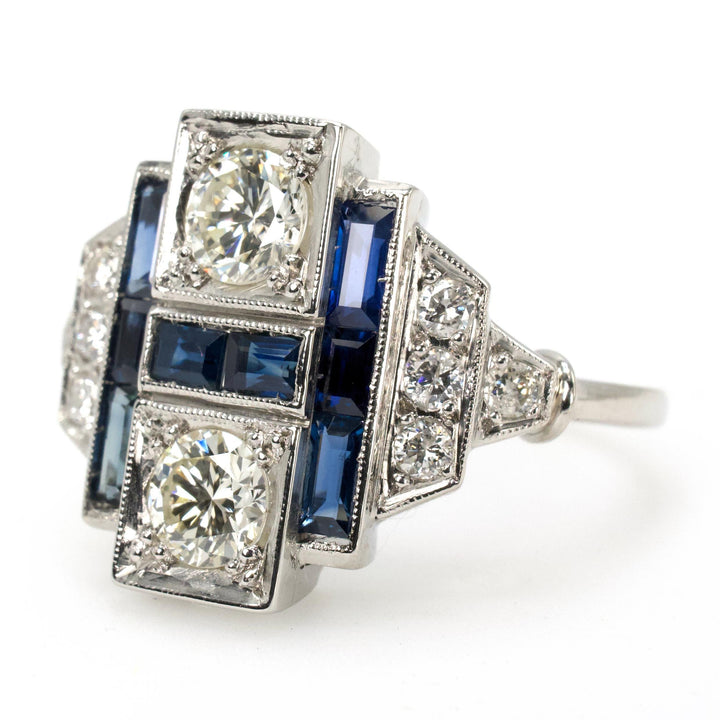 Rectilinear Art Deco Diamond and Sapphire Wide Platinum Ring