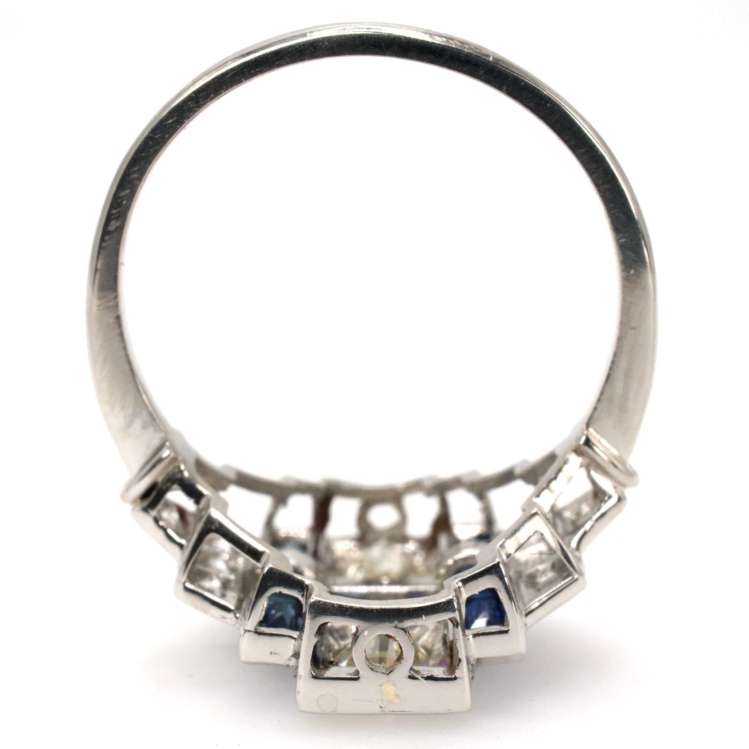 Rectilinear Art Deco Diamond and Sapphire Wide Platinum Ring