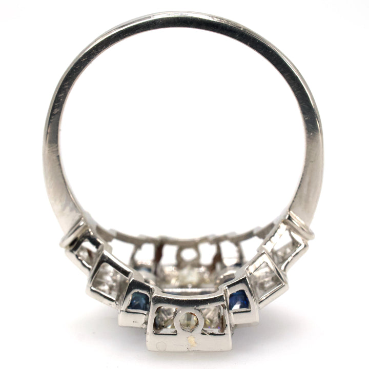 Rectilinear Art Deco Diamond and Sapphire Wide Platinum Ring
