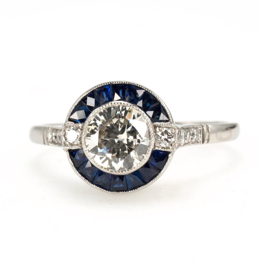 Art Deco Platinum Diamond and Sapphire Target Engagement Ring