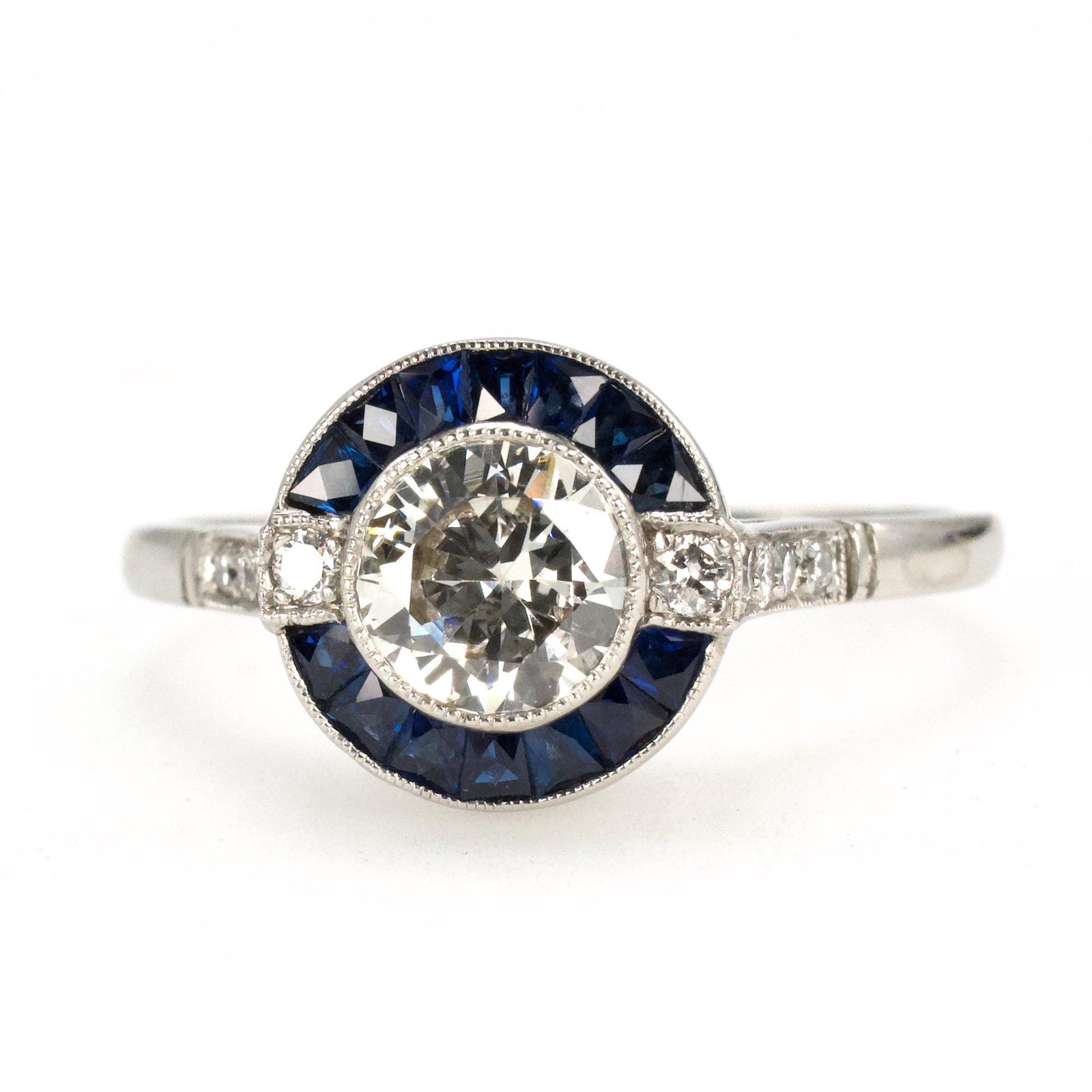 Art Deco Platinum Diamond and Sapphire Target Engagement Ring
